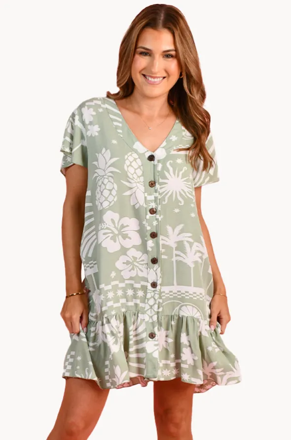 Fruity Shores Cap Sleeve Button Dress