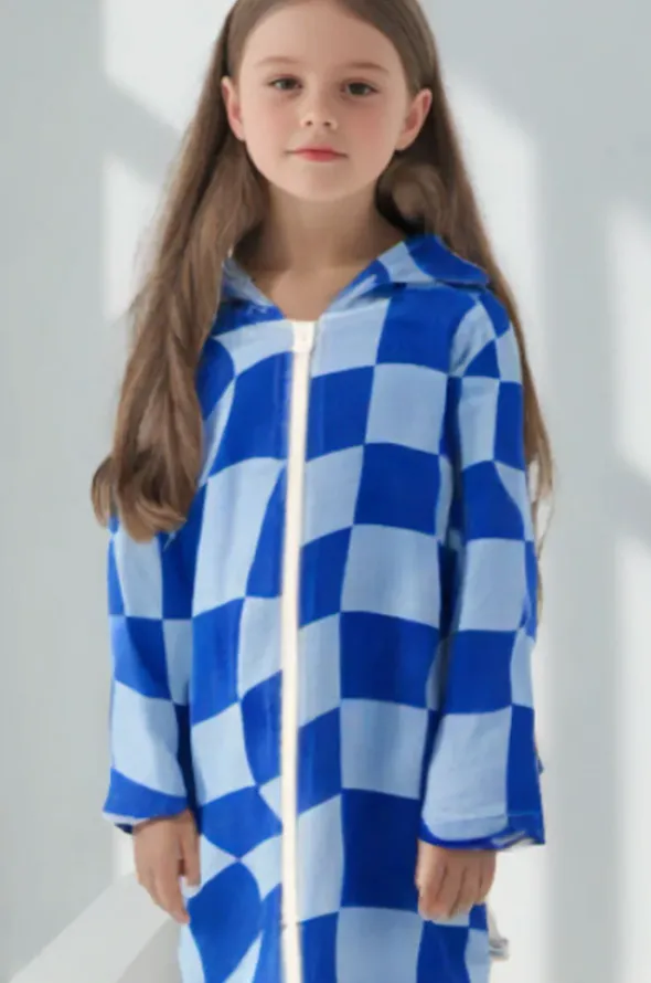 Kids Tidal Checker Hooded Towelling Robe 5-7Y